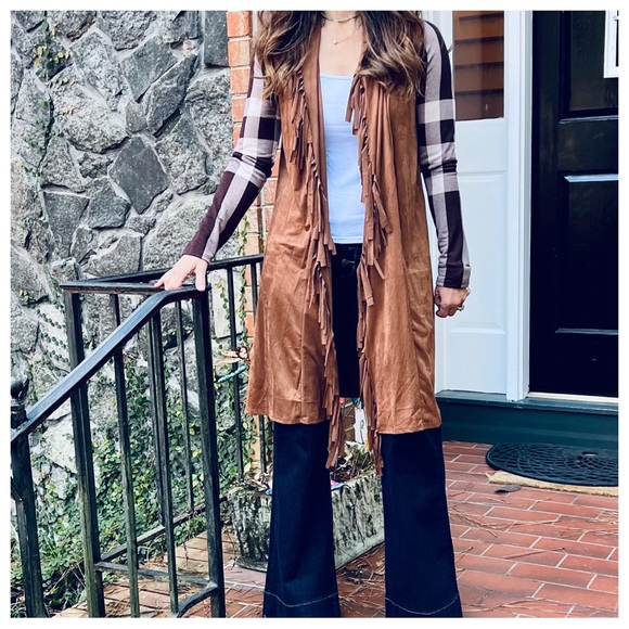 Boho Light faux suede fringed cardigan with plaid sleeves contrast - Picture 5 of 6